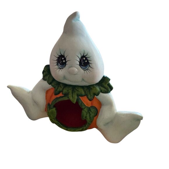 Ceramic Ghostly Pumpkins Hand Painted Halloween Figurine Shelf Sitters Set Of 2 - Picture 2 of 11